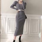 Long-sleeve Square-neck Plain Knit Maxi Dress