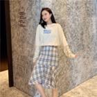 Lettering Pullover / Midi A-line Plaid Skirt