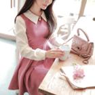 Contrast-collar Tie-waist Flare Dress