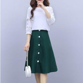 Set: 3/4-sleeve Blouse + Buttoned A-line Skirt