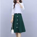 Set: 3/4-sleeve Blouse + Buttoned A-line Skirt
