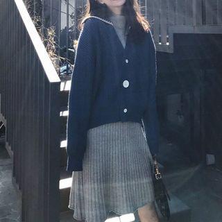 Set: V-neck Cardigan + Long-sleeve Mock Neck A-line Knit Dress
