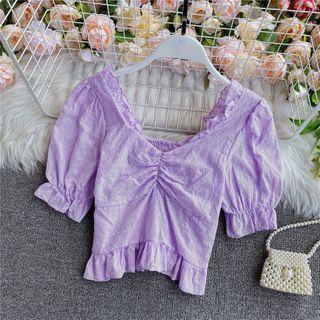 V-neck Ruffle Puff Short-sleeve Cropped Shirt