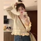 Long-sleeve Ruffle Trim Square Neck Plain Knit Top Almond - One Size