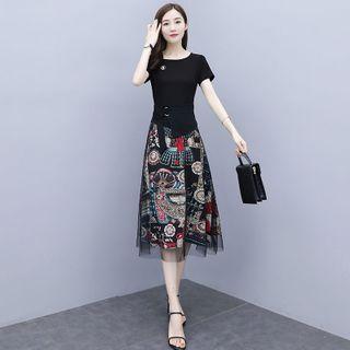 Mock Two-piece Sort-sleeve Floral Print Dress