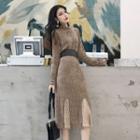 Long-sleeve Lace Panel Ribbed Dress