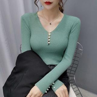 V-neck Button-up Knit Top