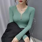 V-neck Button-up Knit Top