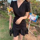 Puff-sleeve V-neck Ruffle Hem Mini Sheath Dress