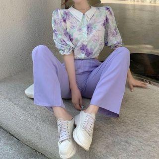Short-sleeve Floral Print Blouse / Pants