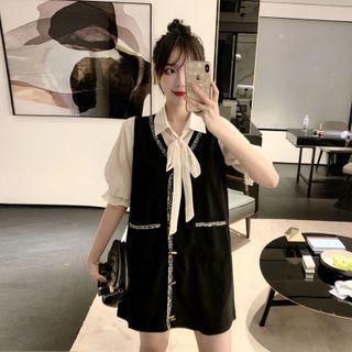 Short-sleeve Mock Two-piece Button-up Mini Dress