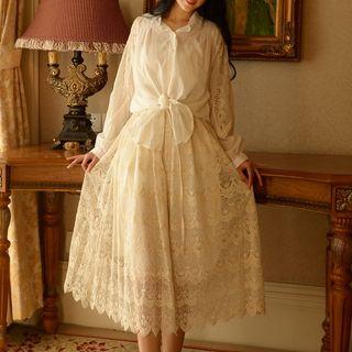 Lace Panel Collared Long Sleeve Midi Dress