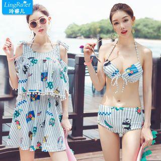 Set: Panda Print Striped Bikini + Swimdress