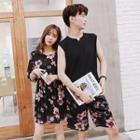Couple Matching Floral Print Elbow Sleeve Chiffon Dress/ Set: Plain Tank Top + Floral Print Shorts