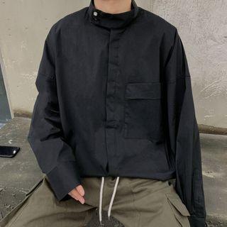 Mock Neck Front Pocket Plain Shirt