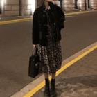 Fleece Buckled Jacket / Long-sleeve Floral Print Midi Dress