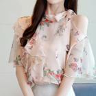 Floral Print Elbow-sleeve Cold-shoulder Chiffon Blouse