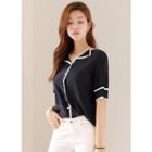 Open-placket Piped Lightweight Knit Top