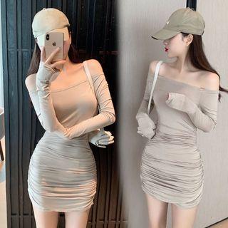Long-sleeve Off-shoulder Mini Sheath Dress Nude - One Size
