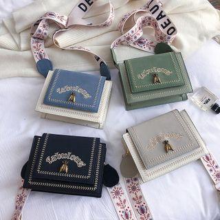 Printed Strap Letter Embroidered Flap Crossbody Bag