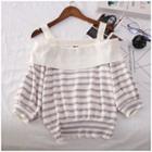 Short-sleeve Cutout-shoulder Striped Knit Top White - One Size