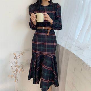 Long-sleeve Plaid Midi Mermaid Dress