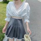 Cropped Lace Trim Puff-sleeve Blouse / Lace Trim Pleated Skirt