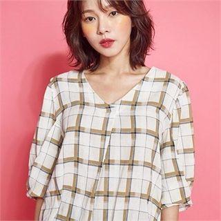 V-neck Pintuck-sleeve Plaid Blouse