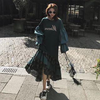 Drawstring Lace-up Lantern-sleeve Ruffle Dress