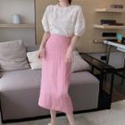 Short-sleeve Eyelet Lace Cropped Top / Plain Slit Midi Skirt