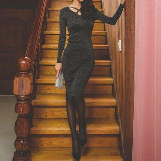 Cross Strap Long-sleeve Glitter Ribbed Knit Dress As Shown In Figure - One Size