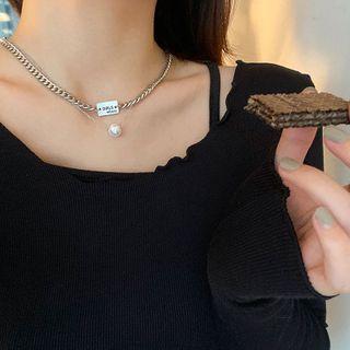 Lettering & Faux Pearl Chained Necklace 1 Pc - Silver - One Size