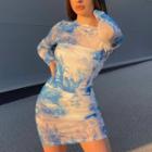 Long Sleeve Printed Mini Bodycon Dress