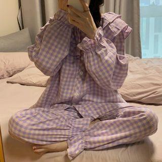 Loungewear Set : Long-sleeve Peter Pan Collar Plaid Top + Pants Purple - One Size
