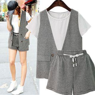 Set: Short Sleeve T-shirt + Striped Long Vest + Shorts