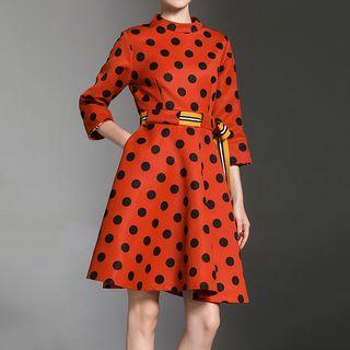 Dotted 3/4 Sleeve Dress With Belt
