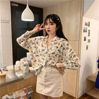 Long-sleeve Chiffon Print Shirt As Shown In Figure - One Size
