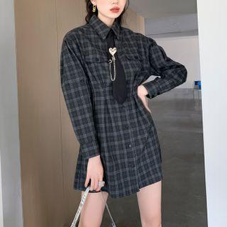 Puff-sleeve Plaid Shirtdress / Heart Neck Tie