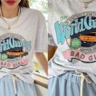 Elbow-sleeve Illustrated T-shirt Melange White - One Size