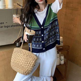 Print Button-up Sweater Vest Print - Green & Dark Blue - One Size