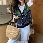 Print Button-up Sweater Vest Print - Green & Dark Blue - One Size