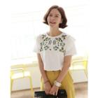 Frill-trim Floral-embroidered Top
