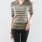 Collared Short-sleeve Open-placket Stripe Knit Top