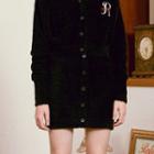 Letter-embroidered Button-up Fluffy Skirt Black - One Size
