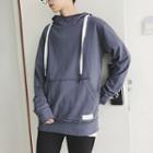 Long Sleeve Applique Loose-fit Hooded Plain Pullover