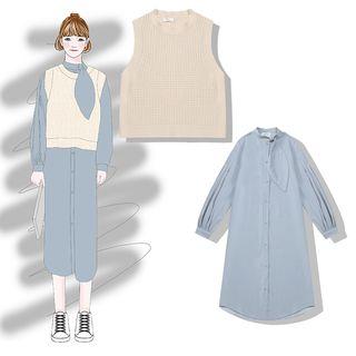 Plain Midi Shirtdress / Knit Vest