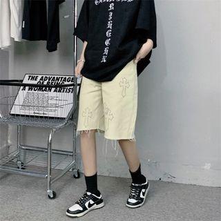 Mid-rise Cross Print Frayed Denim Shorts