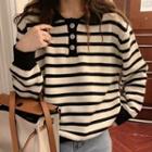 Polo Collar Striped Knit Top Stripe - Black & White - One Size