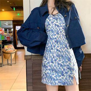 Spaghetti Strap Floral Print Mini A-line Dress / Cropped Shirt Jacket