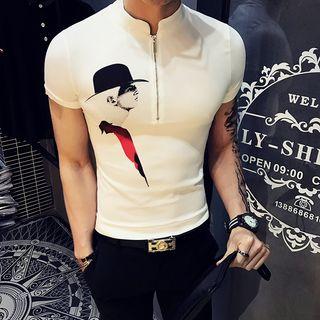 Mandarin Collar Printed Short-sleeve T-shirt